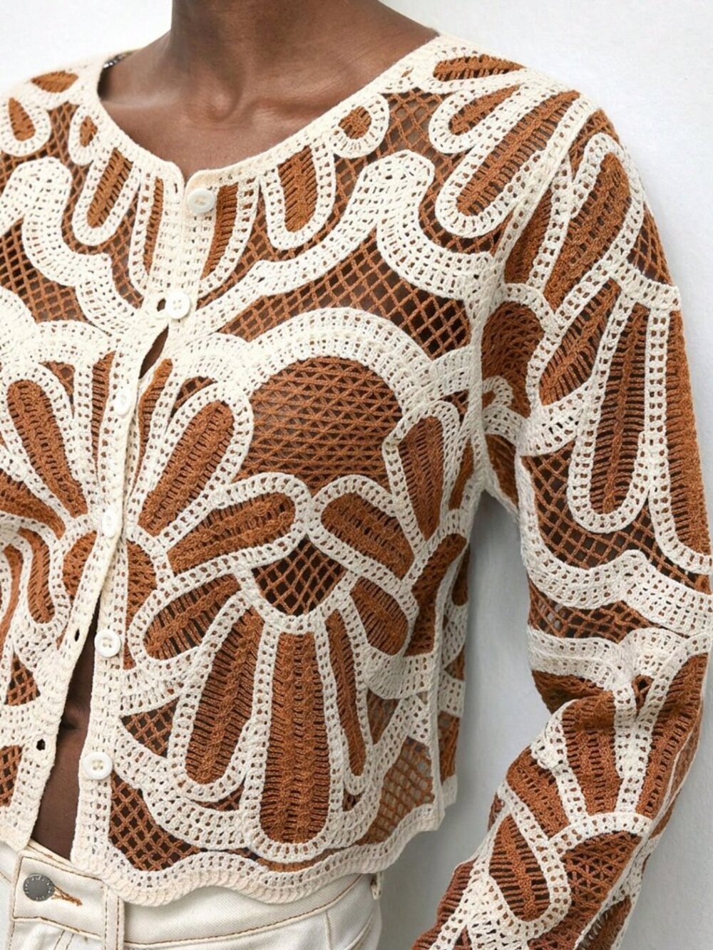 Brown Casual Women's Beach Vacation Allover Print Single-Breasted Cardigan - Picture 3 of 7